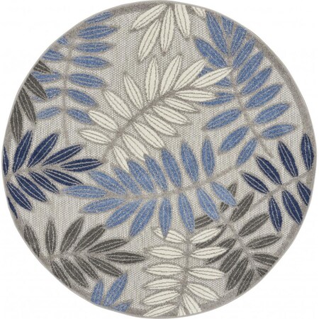 Palacedesigns 4 ft. Round Gray & Blue Leaves Indoor & Outdoor Area Rug PA3655109